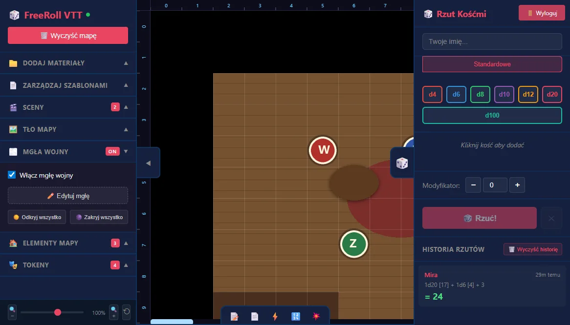 Panel rzutu kośćmi FreeRoll z wyborem kości, modyfikatorem i historią wyników.
