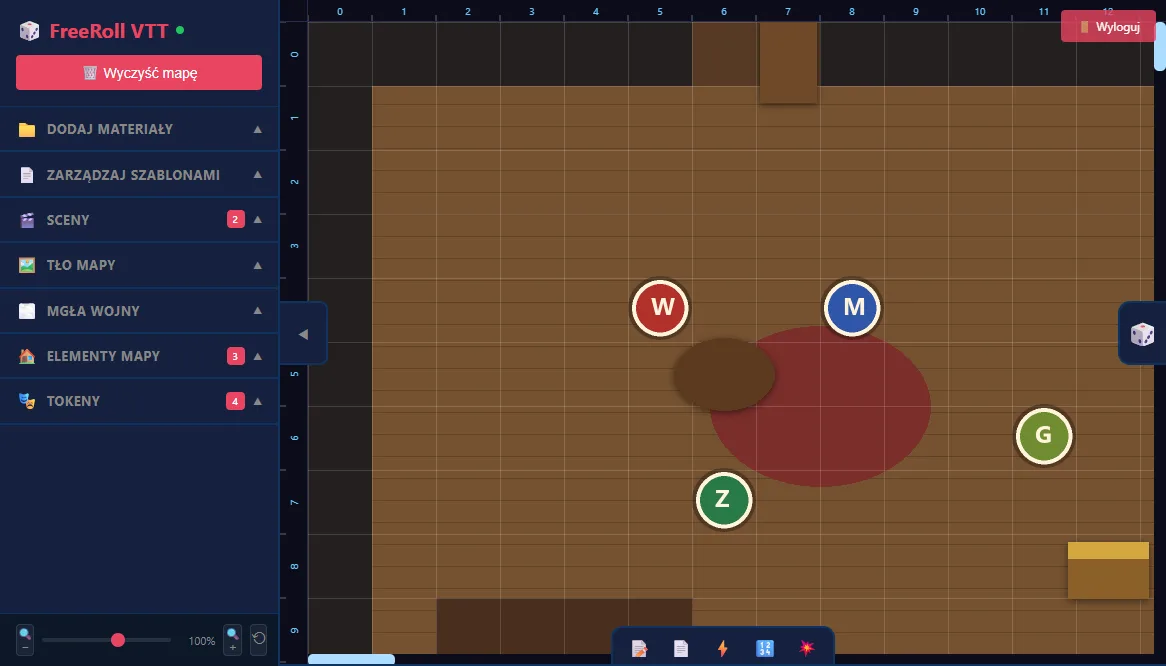 Mapa sesji RPG na siatce FreeRoll, z tłem i widocznymi polami planszy.